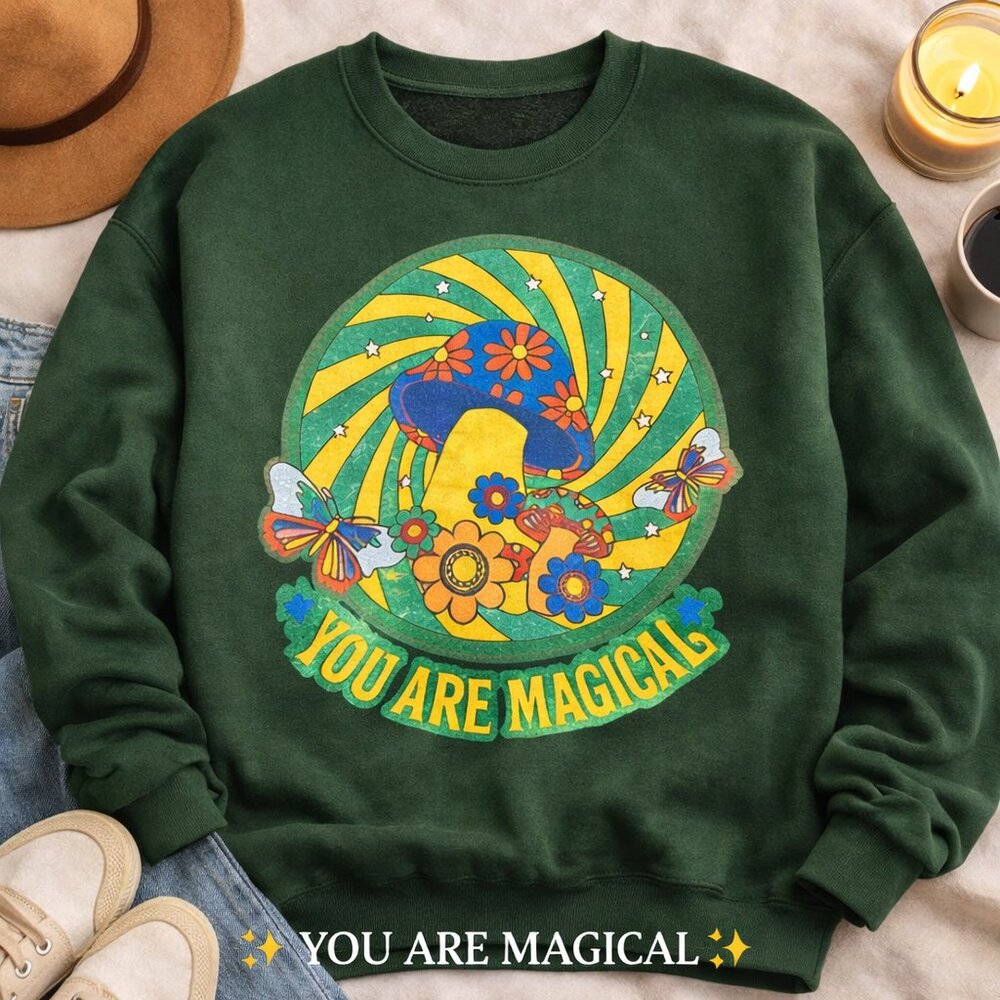 Life Clothing Co Mushroom Graphic Sweatshirt “You Are Magical” Green XL